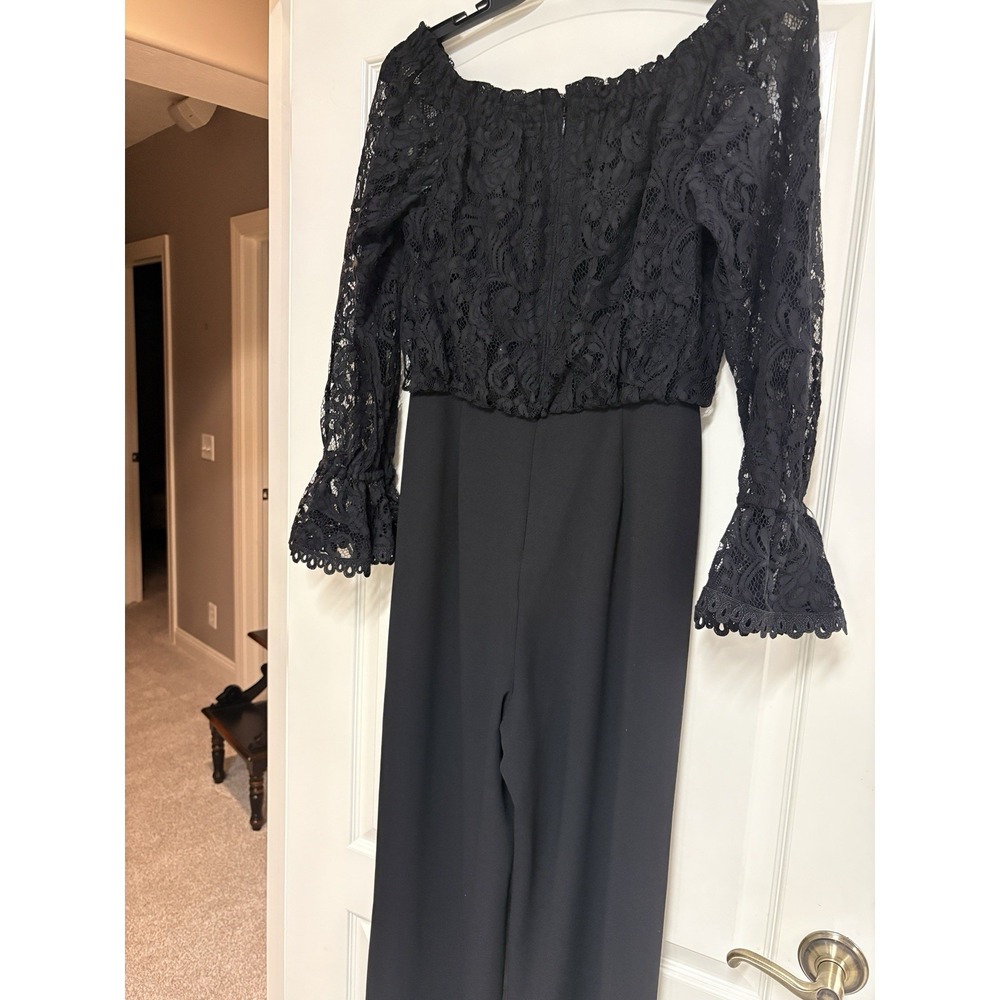 ADRIANNA PAPELL Black Off The Shoulder Lace Jumpsuit Size US XL NWOT - Picture 2 of 10